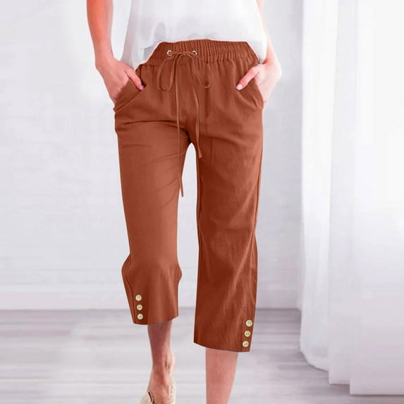 CLOISE Women's Capris with Pockets Stretch Wide Leg Pants Elastic High Waisted Palazzo Pants Linen Petite Summer Casual Fashion Solid Loose Lightweight Cropped Flowy Trousers Coffee XL
