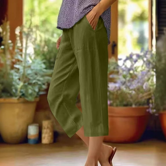 CLOISE Women's Capris with Pockets Stretch Wide Leg Pants Elastic High Waisted Palazzo Pants Linen Summer Casual Fashion Solid Loose Lightweight Cropped Flowy Trousers Army Green 2XL