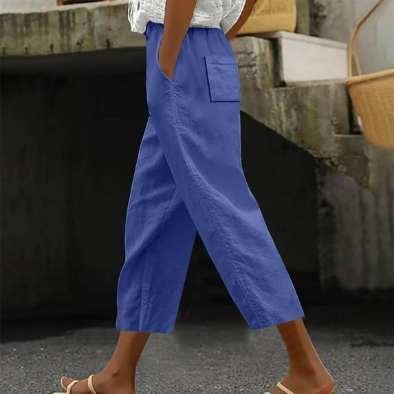CLOISE Women's Capris with Pockets Stretch Wide Leg Pants Elastic High Waisted Palazzo Pants Petite Summer Casual Fashion Solid Loose Lightweight Cropped Flowy Trousers Dark Blue M