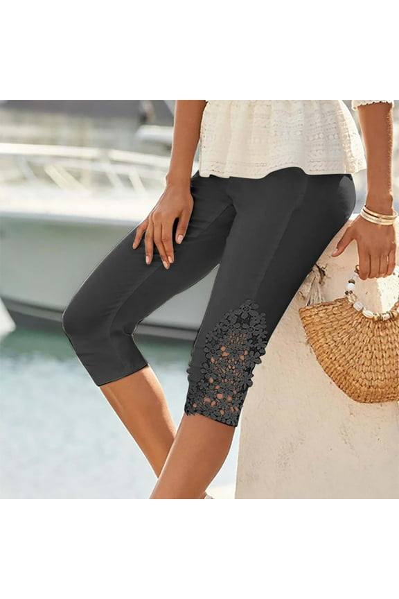 Women's Capris Stretch Leggings Elastic High Waisted Yoga Pants Petite Summer Casual Fashion Solid Lightweight Lace Cropped Trousers Black XL