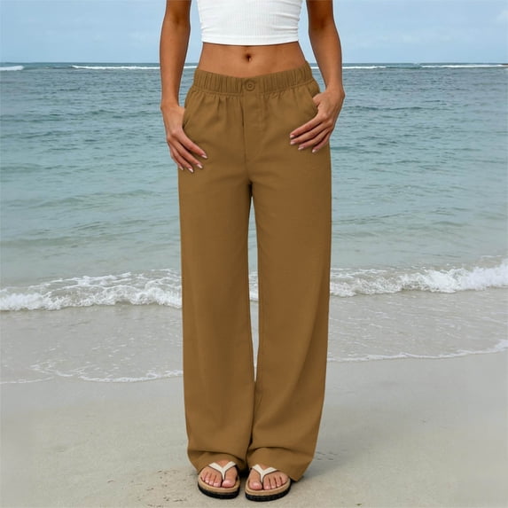 CLOISE Women's Casual Pants with Pockets Mid Waist Straight Leg Long Pants Elastic Waist Solid Baggy Travel Vacation Outfits Brown 2XL