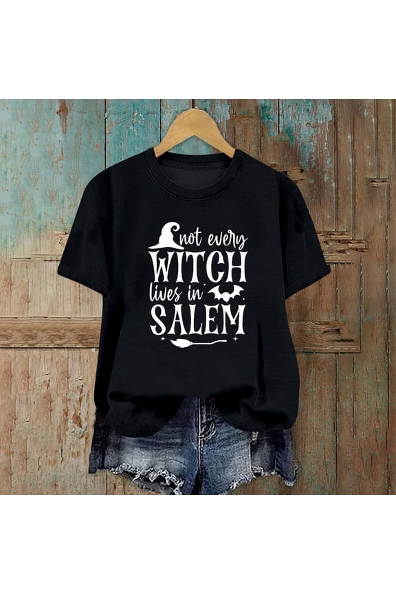 Women's Halloween Blouses Plus Size Trendy Halloween Witch Salem Graphic Tops Short Sleeve Scoop Neck Shirts Basic Loose Oversized Blouses Spooky Party Outfits Winter Gift