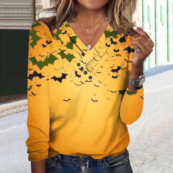 CLOISE Women's Halloween Blouses Trendy Halloween Bat Graphic Tops Long Sleeve V-Neck Shirts Button Basic Loose Oversized Blouses Spooky Season Outfits Gift
