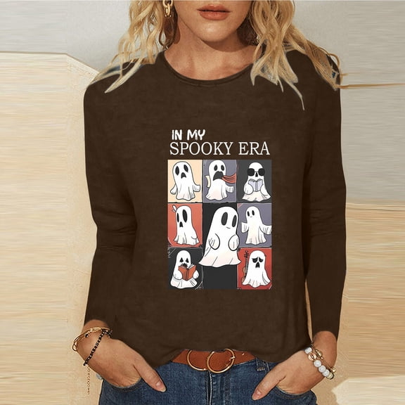 CLOISE Women's Halloween Blouses Trendy Halloween Ghost Graphic Shirts Long Sleeve Round Neck Blouses Basic Loose Comfy Tees Boo Holiday Clothes Winter Gift