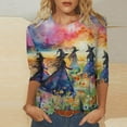 thumbnail image 1 of CLOISE Women's Halloween Blouses Trendy Halloween Witch Print Tees 3/4 Sleeve Round Neck Tops Basic Loose Comfy Shirts Boo Season Clothes Halloween Gift, 1 of 5