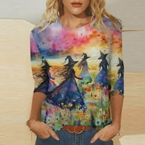 CLOISE Women's Halloween Blouses Trendy Halloween Witch Print Tees 3/4 Sleeve Round Neck Tops Basic Loose Comfy Shirts Boo Season Clothes Halloween Gift