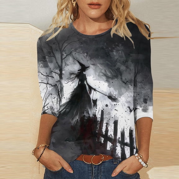 CLOISE Women's Halloween Blouses Trendy Halloween Witchy Graphic Tops 3/4 Sleeve Crew Neck Shirts Basic Loose Oversized Blouses Spooky Season Outfits Gift