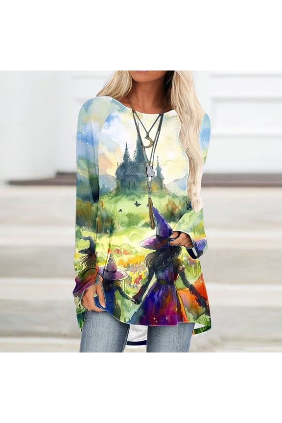 Women's Halloween Blouses Trendy Halloween Witchy Printed Blouses Long Sleeve Scoop Neck Raglan Tees Elegant Loose Oversized Tops Spooky Festival Outfits Halloween Gift