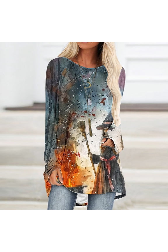 Women's Halloween Blouses Trendy Halloween Witchy Printed Blouses Long Sleeve Scoop Neck Raglan Tees Elegant Loose Oversized Tops Spooky Festival Outfits Halloween Gift