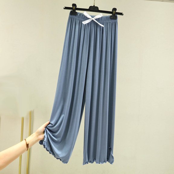 CLOISE Women's Pants Elastic Waist Wide Leg Pants Mid Rise Stretchy Palazzo Pants Drawstring Bow Tie Lounge Trousers Soft Pull On Pants Lightweight Casual Pants Blue