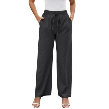 CLOISE Women's Pants With Pockets Cotton Linen Pants High Waisted Straight Leg Pants Pull On Lounge Pants Drawstring Elastic Waist Pants Solid Comfy Pants Casual Fashion Black