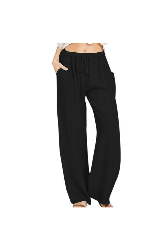 Women's Pants With Pockets Cotton Linen Pants Mid Rise Straight Leg Pants Pull On Lounge Pants Drawstring Elastic Waist Pants Solid Comfy Pants Casual Fashion Black