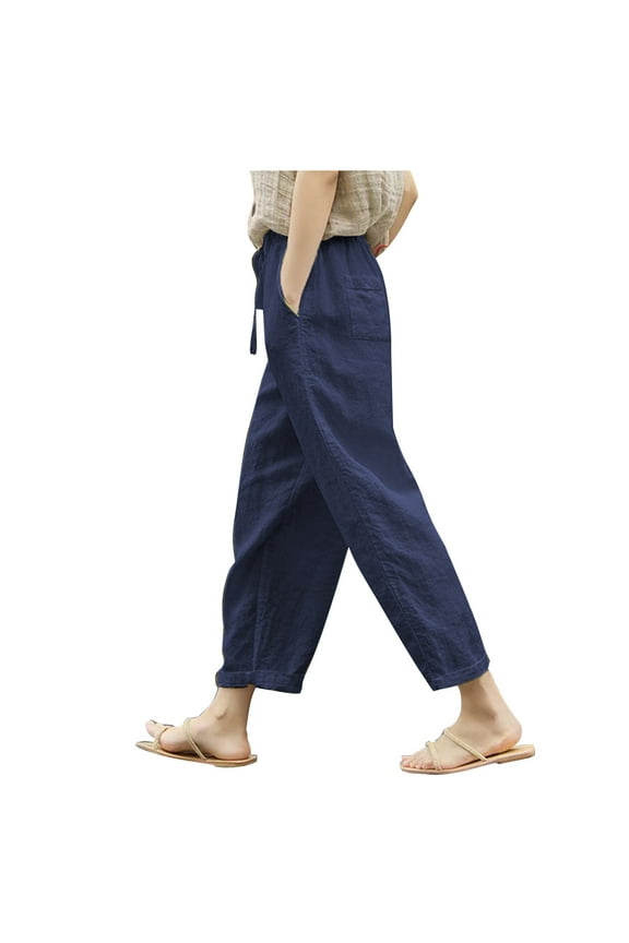 Women's Pants With Pockets Cotton Linen Pants Petite Soft Elastic Waist Lounge Pants Drawstring Mid Rise Pants Lightweight Pull On Trousers Solid Cotton Linen Pants Summer Navy