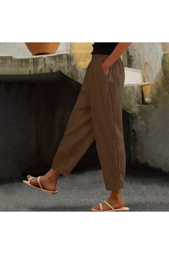 Womens Pants Petite with Pockets Cotton Linen Pants Petite Casual Elastic Waist Lounge Pants Lightweight Lady Pull on Pants Mid Rise Trousers Straight Leg Linen Pants Summer Brown