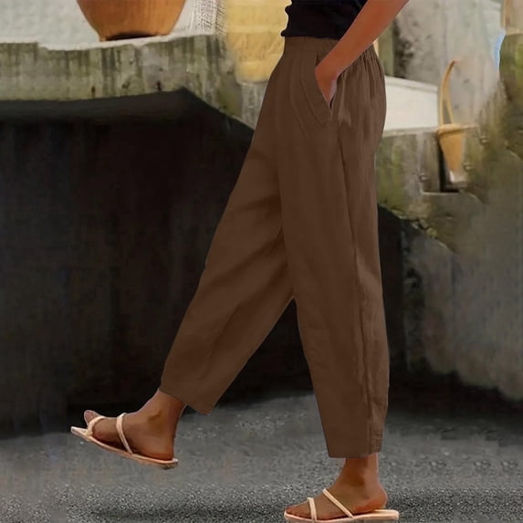CLOISE Womens Pants Petite with Pockets Cotton Linen Pants Petite Casual Elastic Waist Lounge Pants Lightweight Lady Pull on Pants Mid Rise Trousers Straight Leg Linen Pants Summer Brown