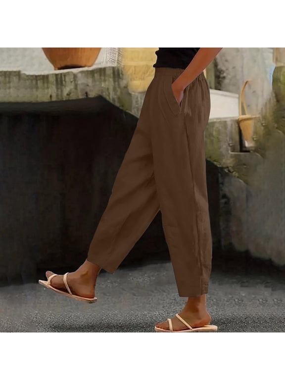 Womens Pants Petite with Pockets Cotton Linen Pants Petite Casual Elastic Waist Lounge Pants Lightweight Lady Pull on Pants Mid Rise Trousers Straight Leg Linen Pants Summer Brown