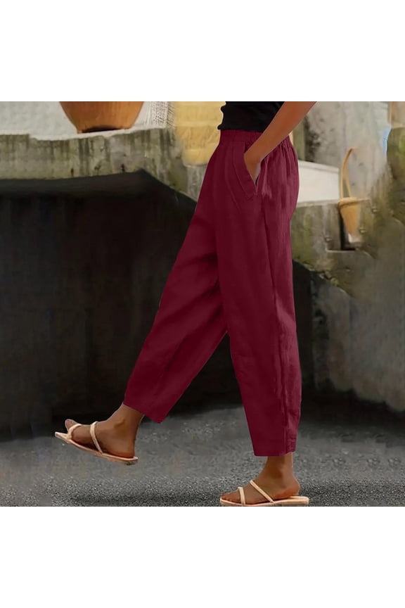 Linen Pants Women Summer with Pockets Cotton Linen Pants Petite Comfy Elastic Waist Lounge Pants Lightweight Lady Pull on Pants Mid Rise Trousers Straight Leg Linen Pants Trendy Wine M