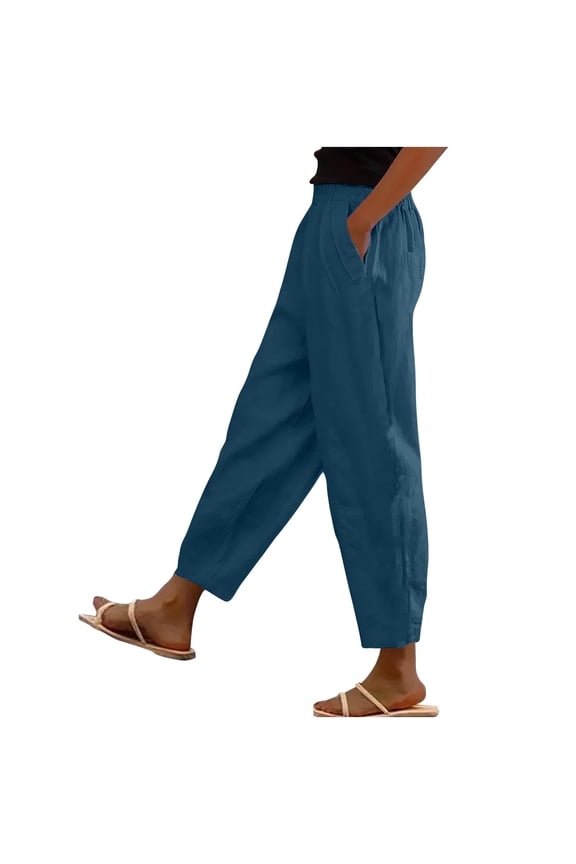 Women's Pants with Pockets Cotton Linen Pants Petite Work Casual Elastic Waist Lounge Pants Lightweight Cropped Trousers Straight Leg Pants Summer