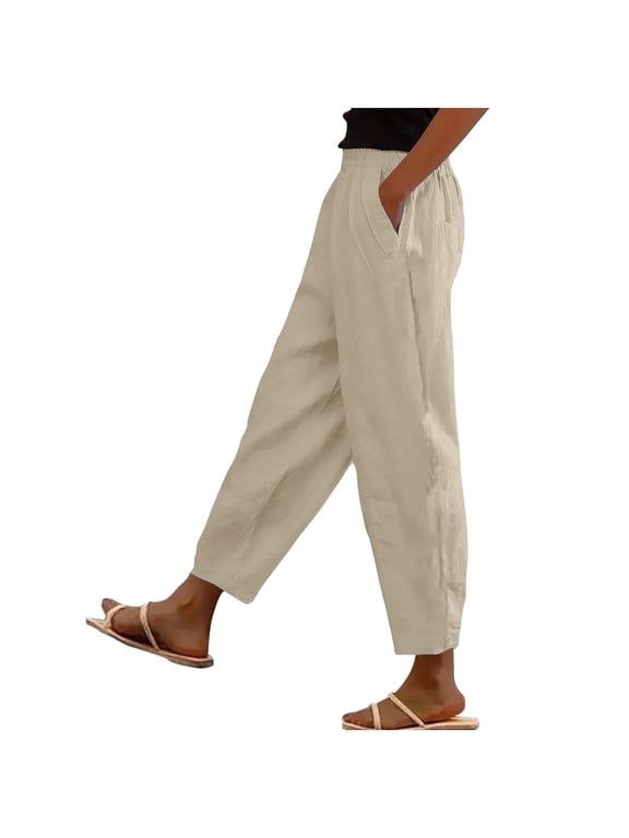 Women's Pants with Pockets Cotton Linen Pants Petite Work Casual Elastic Waist Lounge Pants Lightweight Cropped Trousers Straight Leg Pants Summer