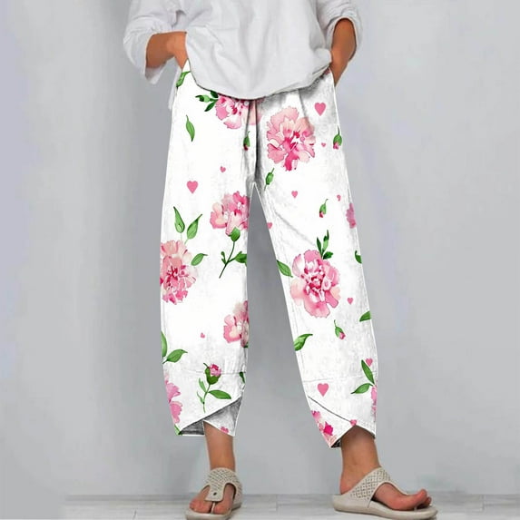 CLOISE Women's Pants Pull On High Waisted Pants Straight Leg Stretch Active Pants Elastic Waist Lounge Casual Loose Running Athletic Pants Floral Print Trousers Fashion White