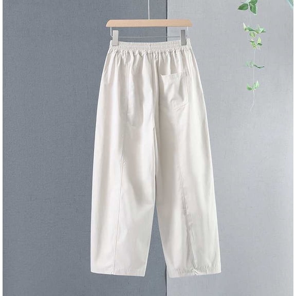 CLOISE Women's Pants With Pockets Pull On Cotton Pants Elastic Waist Pants Lounge Mid Rise Pants Solid Lightweight Trousers Casual Summer Beige