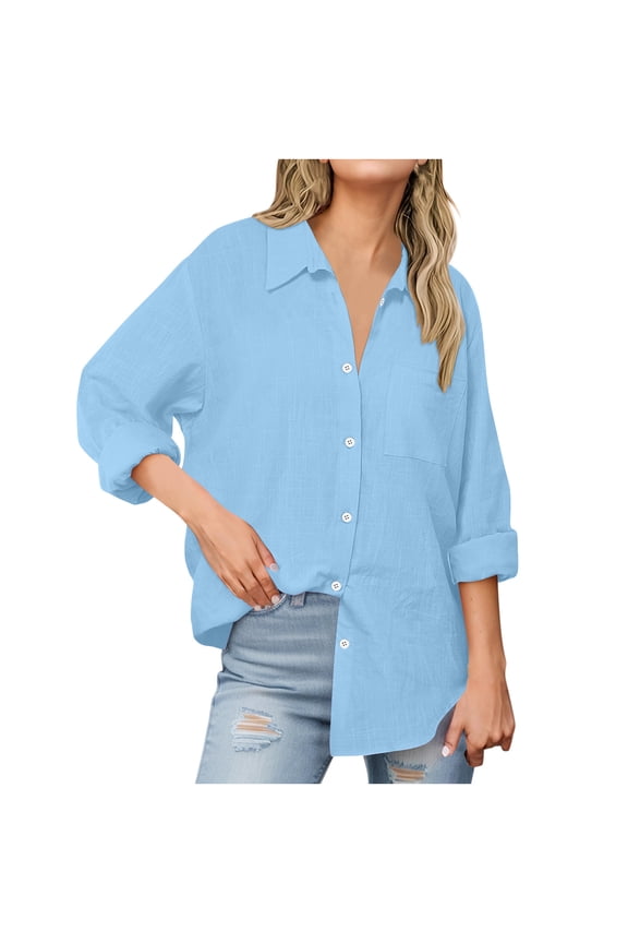 Women's Plus Size Button down Shirts Linen Long Sleeve Oversized Collared Blouses Casual Loose Tunic Tops with Pockets