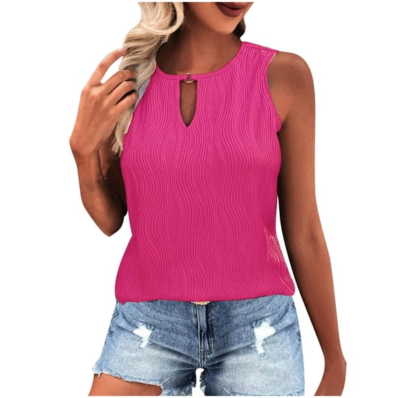 CLOISE Women's Solid Sexy Sleeveless Round Neck Camisoles Hollow Out Tube Pleated Tops Blouse Hot Pink S