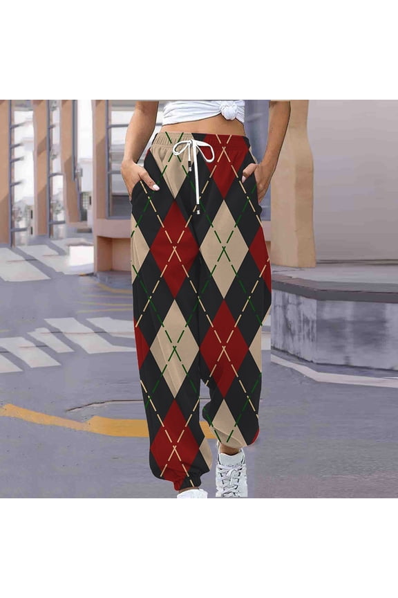 Women's Sweatpants Baggy Jogger Sweatpants Cozy Pull on High Waisted Elastic Bottom Trousers Navy Oversized Elastic Waist Drawstring Plaid Sweatpants with Pockets Trendy Fall Long Pants