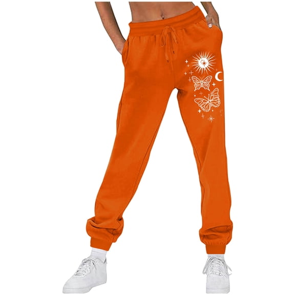 CLOISE Women's Sweatpants Joggers Baggy Fleece Lined Jogger Sweatpants Comfy Petite Low Rise Elastic Bottom Trousers Orange Workout Elastic Waist Drawstring Graphic Sweatpants with Pockets