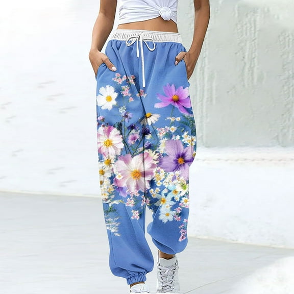 CLOISE Women's Sweatpants Joggers Baggy Jogger Sweatpants Comfort Pull on Tall Elastic Bottom Pants Sky Blue Active Elastic Waist Drawstring Print Sweatpants with Pockets Classic Trousers