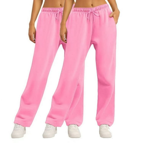CLOISE Women's Sweatpants Wide Leg 2 Pack Baggy Straight Leg Trousers Casual Pull on Low Rise Open Bottom Pants Pink Gym Elastic Waist Drawstring Solid Sweatpants with Pockets Winter Pants