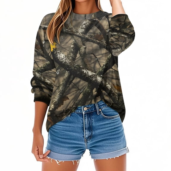CLOISE Women's Sweatshirt Tops Plus Size Lightweight Crew Neck Tops Camouflage Long Sleeve Pullover Oversized Outfits