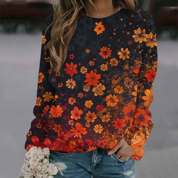CLOISE Women's Sweatshirts Flower Print Oversized Sweatshirts Crew Neck Long Sleeve Hoodies Shirts Orange Raglan Basic Tops Fall Soft Y2k Outfits L
