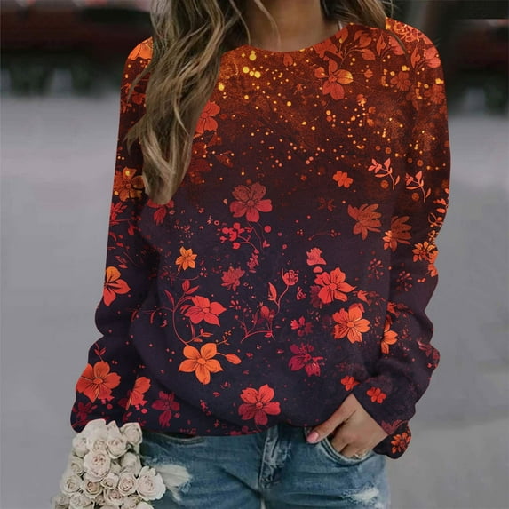 CLOISE Women's Sweatshirts Graphic Pullover Sweatshirts Crew Neck Long Sleeve Hoodies Shirts Orange Raglan Basic Tops Fall Comfy Preppy Outfits XL