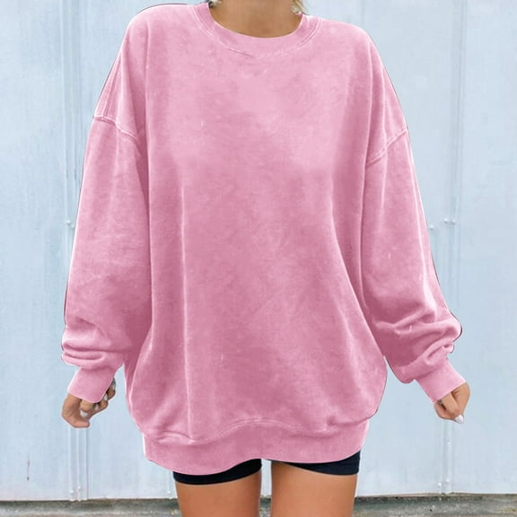 CLOISE Women's Sweatshirts Solid Color Pullover Sweatshirts Crew Neck Long Sleeve Hoodies Shirts Pink Drop Shoulder Basic Tops Fall Trendy Preppy Outfits XL