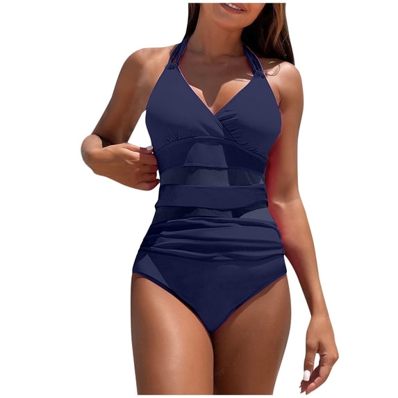 CLOISE Women's Swimwear One Piece Suits Swimwear Full Coverage Halter Neck Swimsuits Solid Bathing Suit Mesh Vacation Beachwear