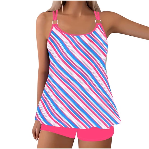 CLOISE Women's Tankini Swimsuit Sets Plus Size 2 Piece with Boy Shorts Full Coverage Bathing Suit Striped Swimwear Vacation Beachwear