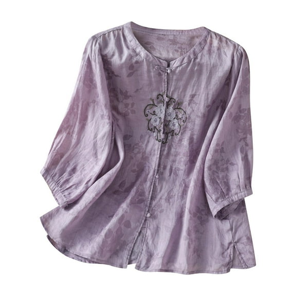 CLOISE Women's Tops Crew Neck Shirt Button Graphic Short Sleeve Pullover Embroidery Cute Vacation Clothes Purple M