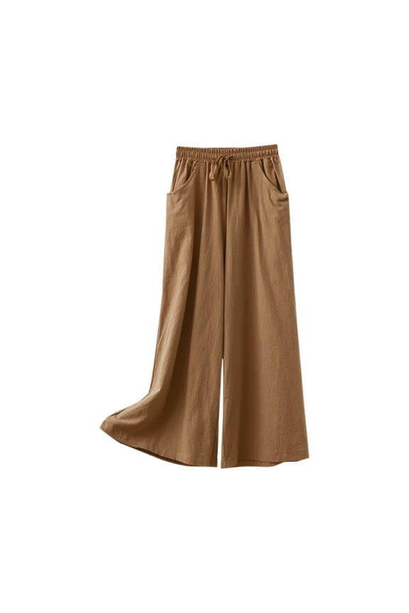 Women's Wide Leg Pants Casual Pant Casual High Waisted Cotton Linen Palazzo Pants Drawstring Pull On Loose Fit Palazzo Pants Comfy Elastic Waist Wide Leg Pants Solid Straight Leg Pants Khaki