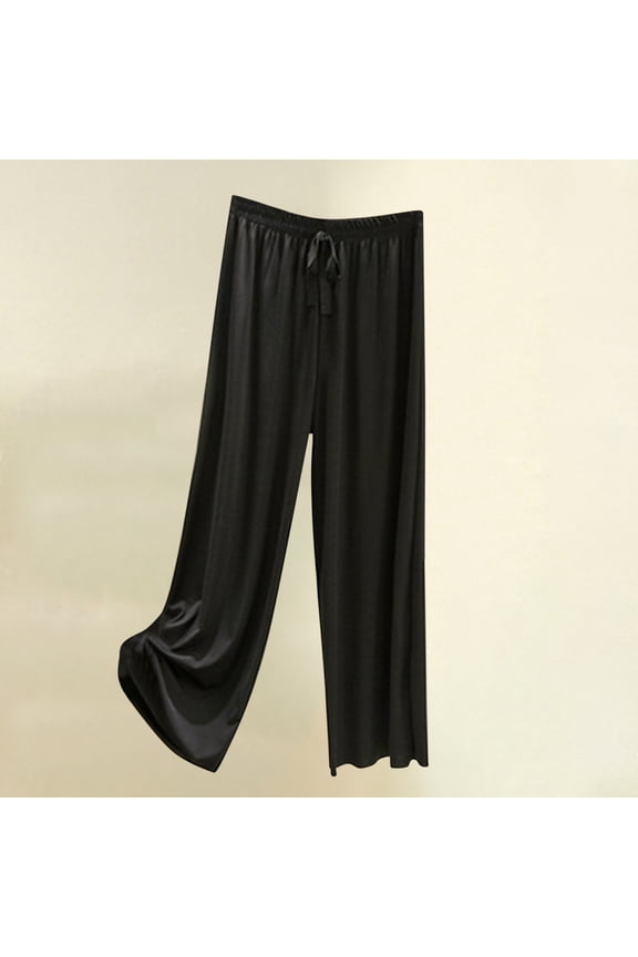 Women's Wide Leg Pants Casual Pant Casual Petite Wide Leg Pants Drawstring Mid Rise Stretchy Wide Leg Pants Pull On Capri Lounge Pants Pull On Lightweight Straight Leg Pants Black
