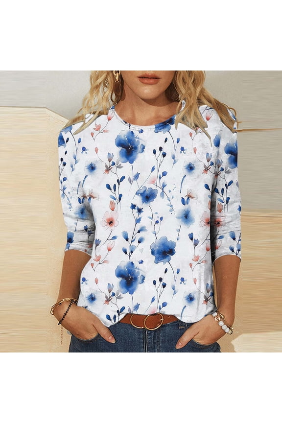 Womens 3/4 Sleeve Tops Casual Plus Size Shirts Crewneck Pullover Print Loose Summer Blouses Blue S