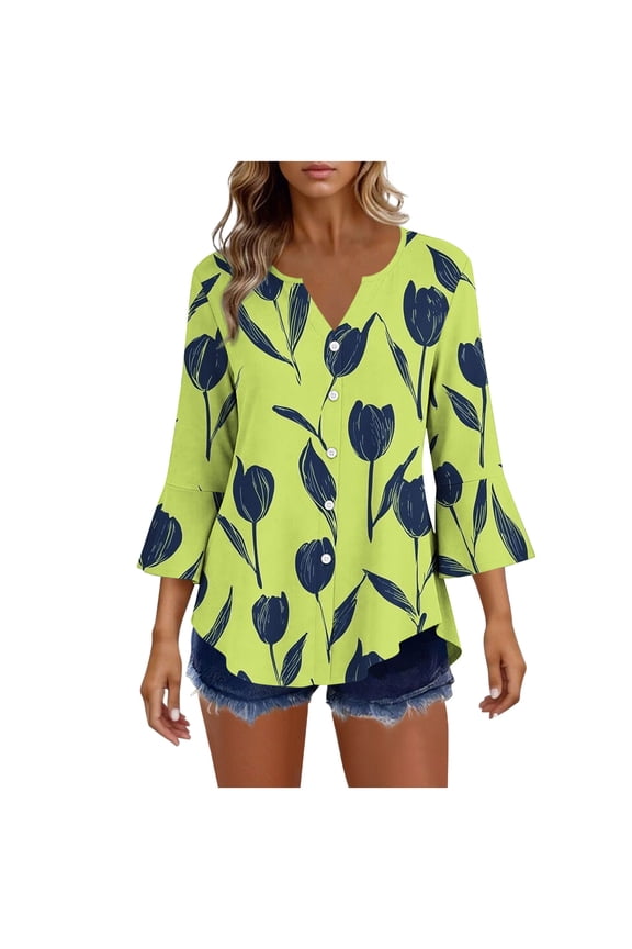 Womens 3/4 Sleeve Tops Casual Ruffle Bell Sleeve Shirts Button Loose Floral V Neck Pullover Trendy Fall Clothes Green 2XL