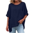 thumbnail image 1 of CLOISE Womens 3/4 Sleeve Tops Casual Shirts Loose Solid Color Crew Neck Pullover Cotton Linen Fall Tunic Clothes with Pockets Navy 2XL, 1 of 8