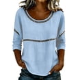 thumbnail image 1 of CLOISE Womens 3/4 Sleeve Tops Casual Shirts Loose Solid Color Crew Neck Pullover Lace Trendy Fall Clothes Sky Blue S, 1 of 8