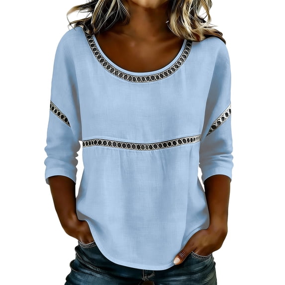 CLOISE Womens 3/4 Sleeve Tops Casual Shirts Loose Solid Color Crew Neck Pullover Lace Trendy Fall Clothes Sky Blue S