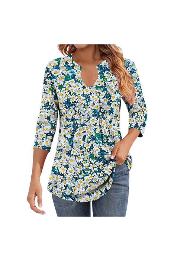 Womens 3/4 Sleeve Tops Casual Shirts Ruched Loose Floral V Neck Pullover Pleated Trendy Fall Clothes Blue S