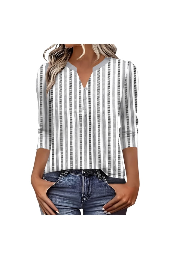 Womens 3/4 Sleeve Tops Casual Shirts Ruched Loose Striped V Neck Pullover Pleated Button Trendy Fall Clothes Gray S