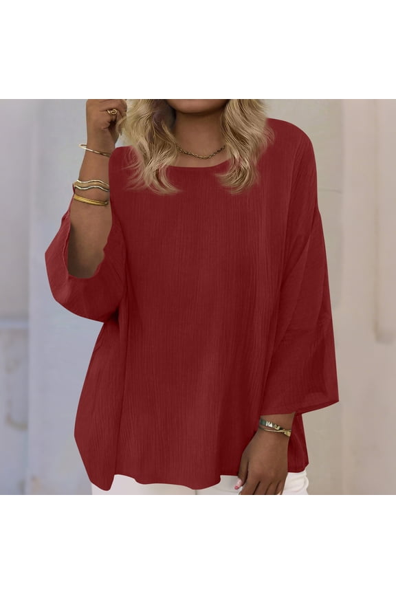 Womens 3/4 Sleeve Tops Plus Size Shirts Crewneck Casual Pullover Solid Color Loose Summer Blouses Wine 4XL