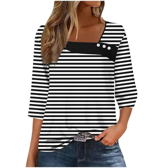 CLOISE Womens 3/4 Sleeve Tops Plus Size V Neck Shirt Button Graphic Pullover Cute Fall Winter Clothes Black 3XL