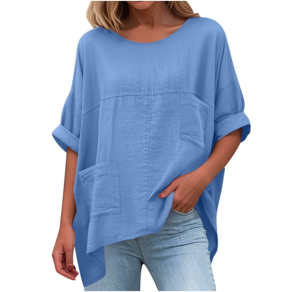 CLOISE Womens 3/4 Sleeve Tops Shirts Loose Solid Color Crew Neck Pullover Cotton Linen Casual Fall Tunic Clothes with Pockets Blue L